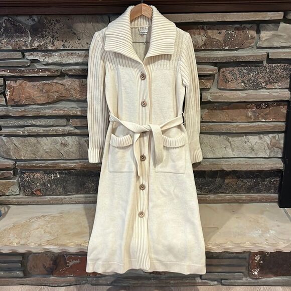 Vintage 60s FAI Wool Knit Trench Coat Wood Buttons